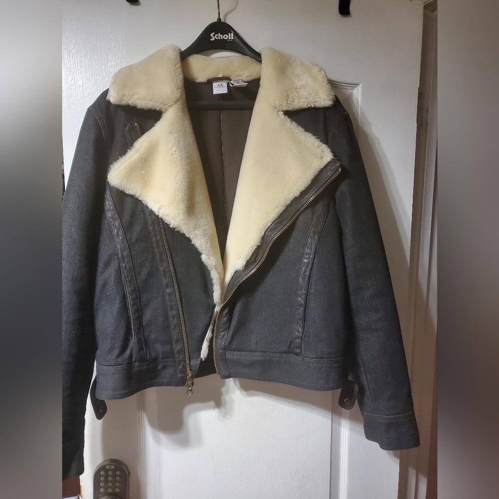 A/X Armani Exchange warm denim coat with faux shearling and padded lining.